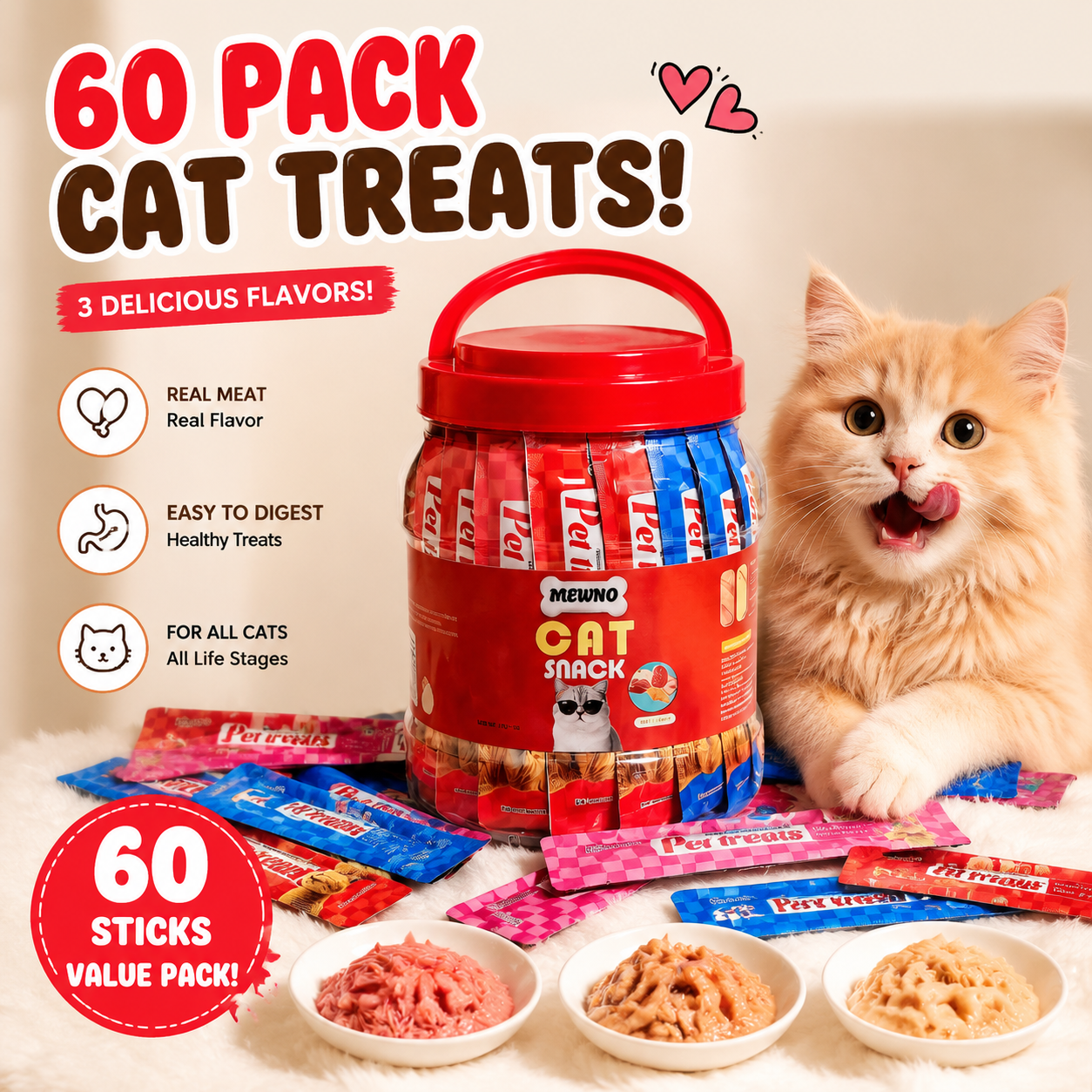 【60 STICKS] MEWNO Lickable Cat Treats 3 Flavors Variety Pack 0.5 Ounces Each Tube Hydrating Purée for Cats Low Calorie Urinary & Kidney Health Supplements